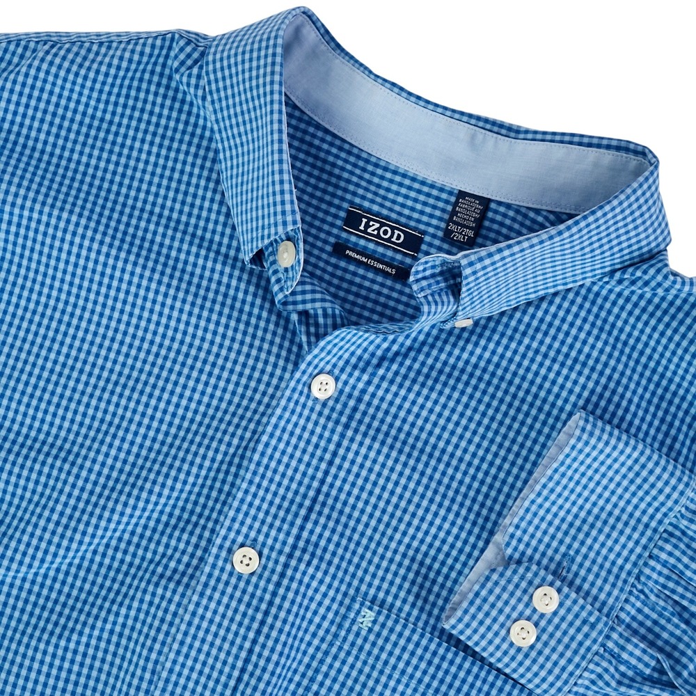IZOD Premium Essentials Mens 2XL Cotton Blue Gingham Checkered Button Down Shirt